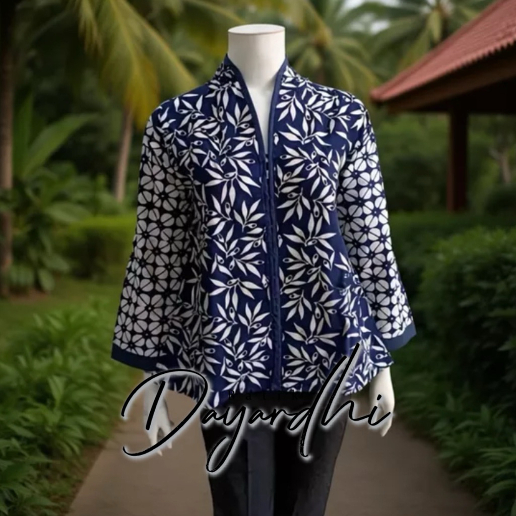 Atasan blouse batik wanita - Dayardhi - motif kembang kopi navy