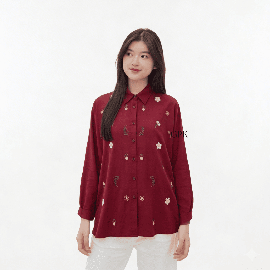 Basic Kemeja Wanita Rayon Twill Atasan Casual Motif Bordir Bunga