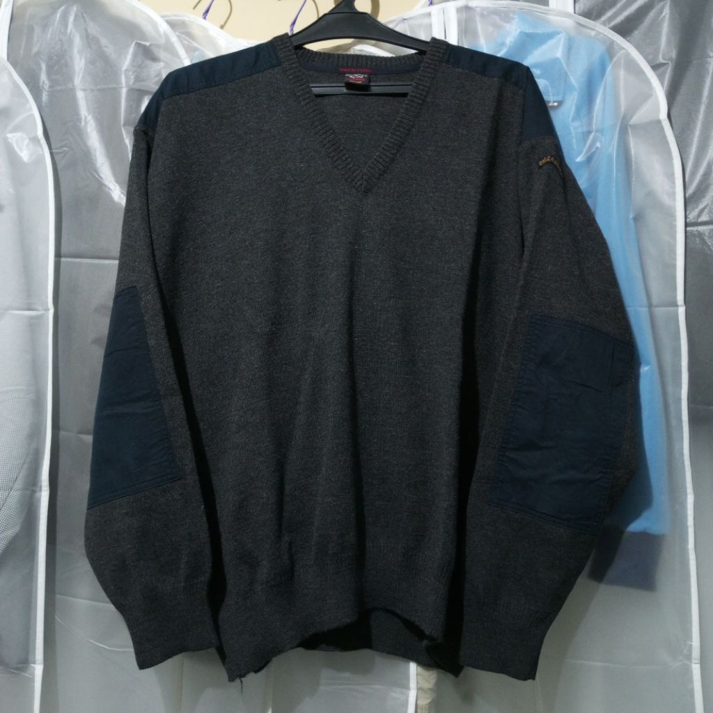 Paul & Shark Yatching Made in Italy V neck Knitwear Wool Grey Sweater Casuals 80s