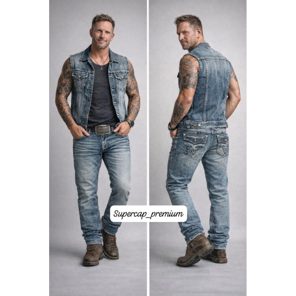 Celana panjang jeans Rock Revival RR JEANS blue washed slim straight fit/jeans pria keren