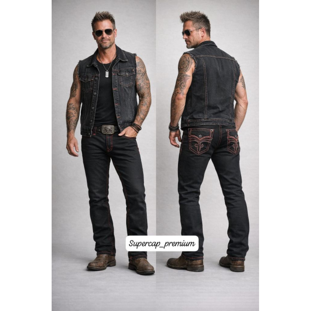 SUPERCAP Celana panjang jeans RR Rock Revival black solid w red stich slim straight fit /celana jean