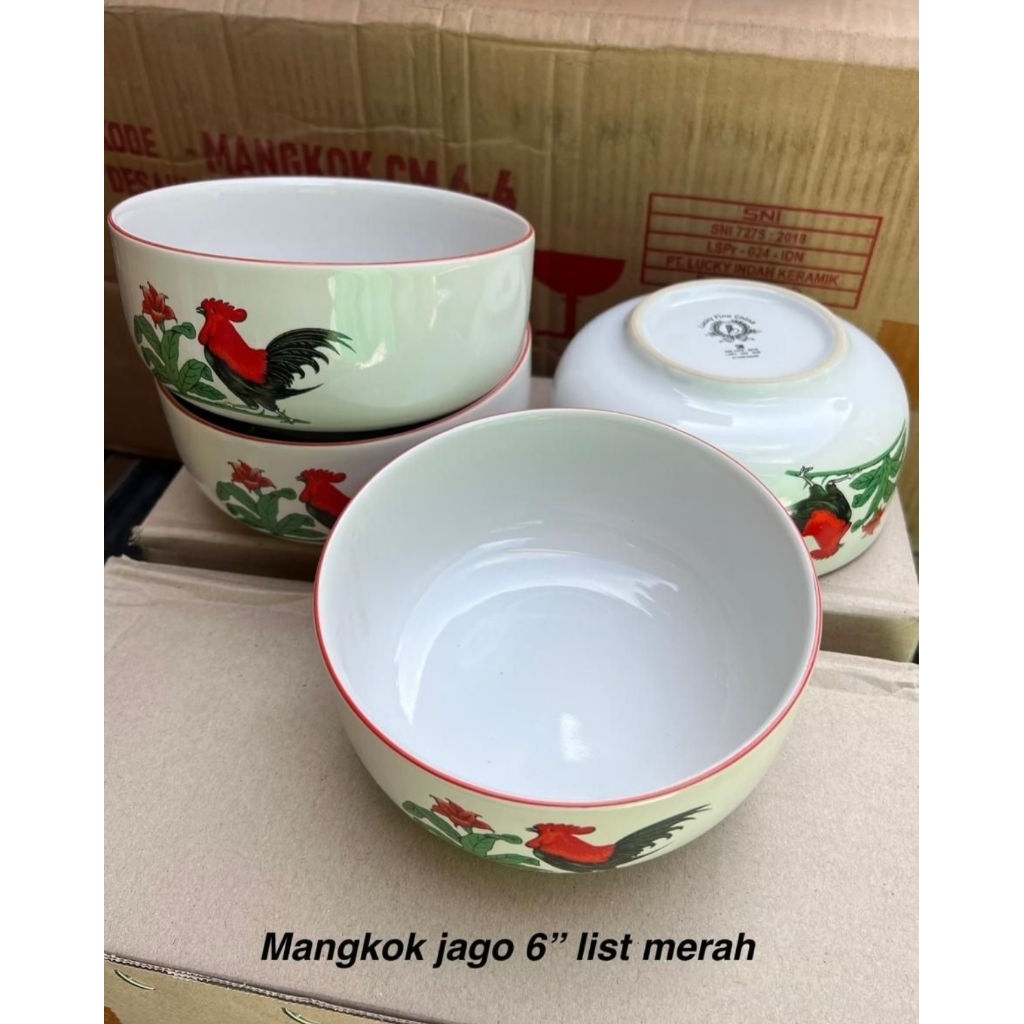 Mangkok Keramik Ayam Jago 6 inch List Merah isi 12 pcs