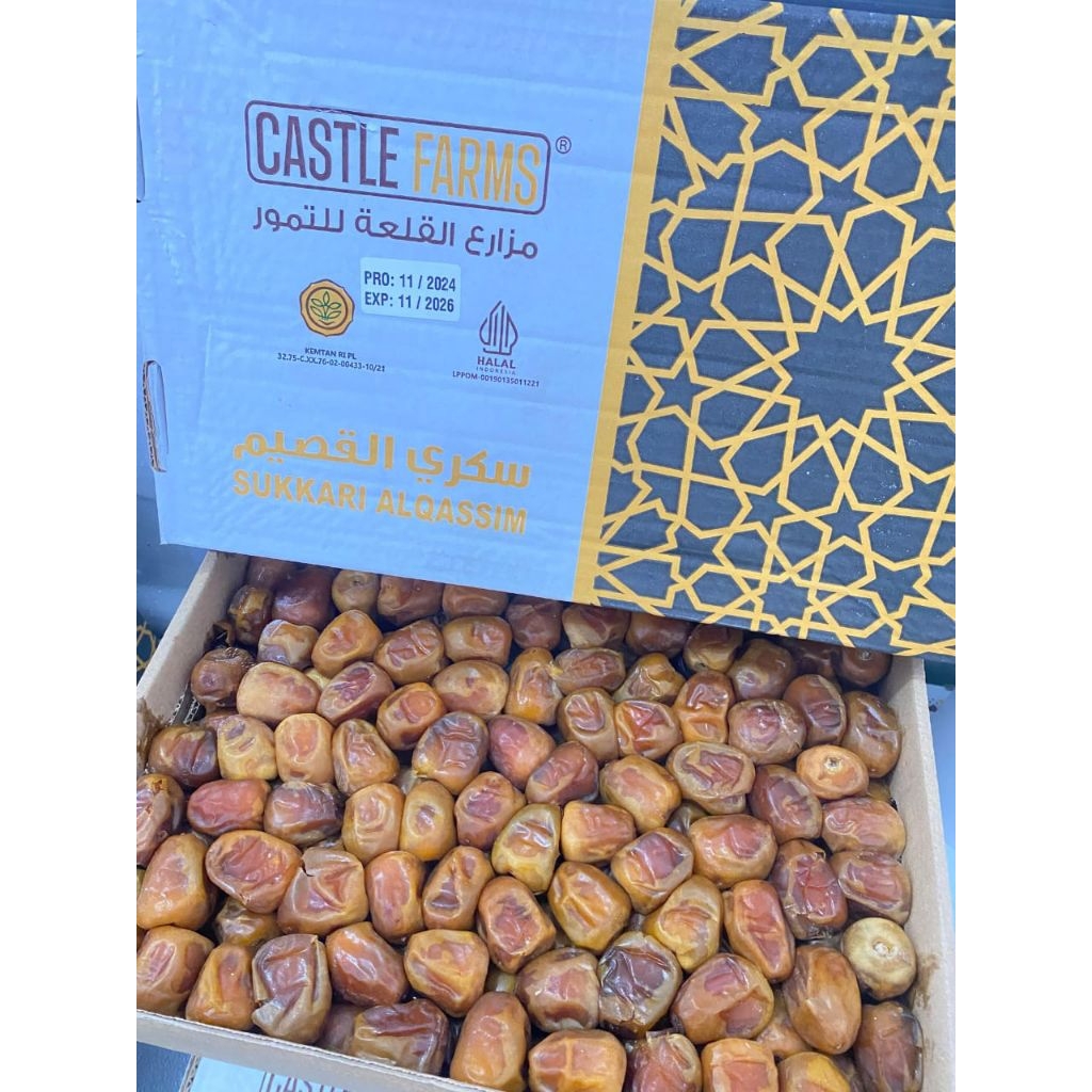 Kurma Sukari Premium Organik Castle Farms kemasan 1 dus berat 3 kg lebih