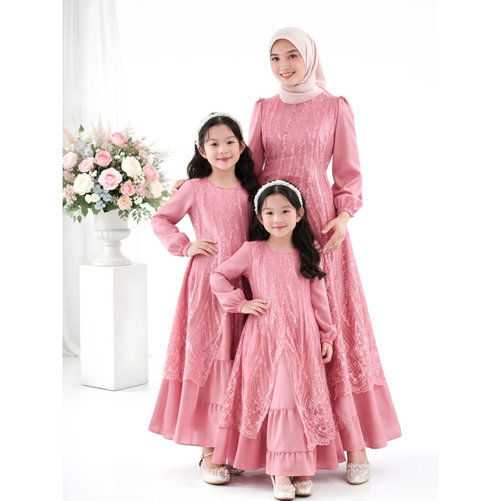HARGA SATUAN  Baju Seragam Gamis Ibu Dan Anak Bahan Satin Velvet Kombi Tile Bordir Couple Serambit F