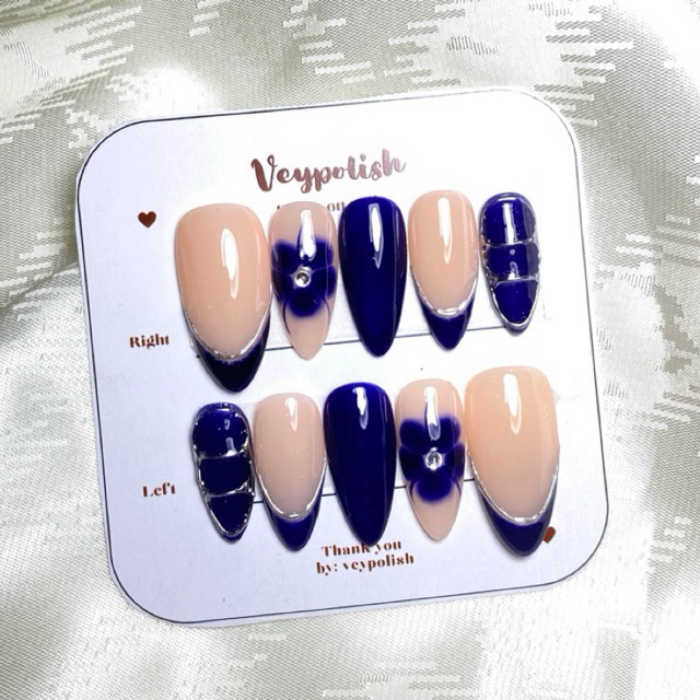 Veypolish | Press on nails motif bunga navy biru french nails | Kuku palsu | Fake nails