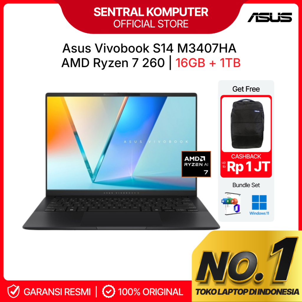 Laptop ASUS Vivobook S14 M3407HA Ryzen 7 260 16GB 1TB W11+ OHS 14" WUXGA