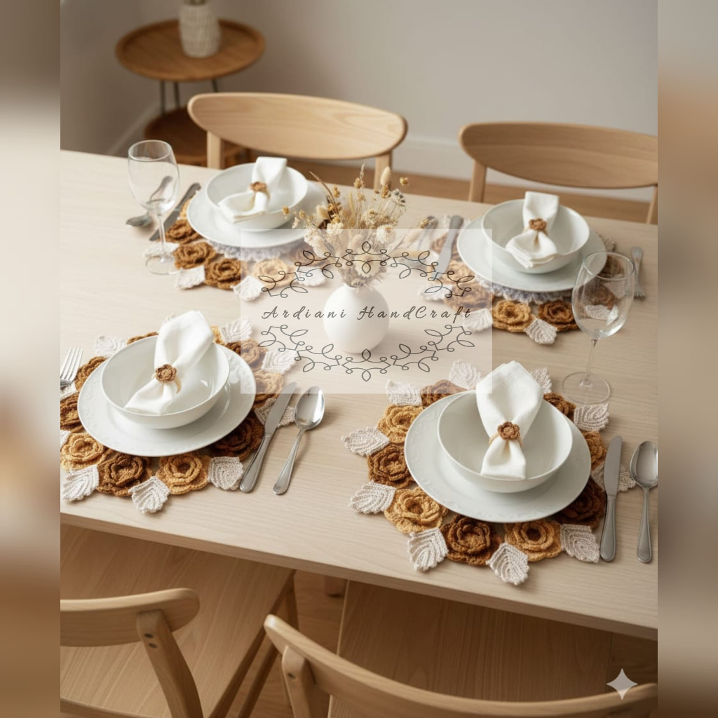 TAPLAK MEJA RAJUT BUNGA/TAPLAK MEJA RAJUT HANDMADE/TAPLAK MEJA RAJUT BULAT/DEKORASI RAJUT