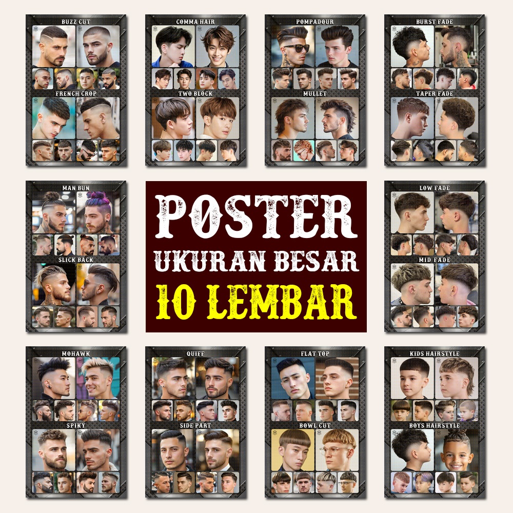 Poster Model Rambut Pria Barbeshop dan Pangkas Rambut Dewasa dan Anak Paket 10 Lembar - Z05
