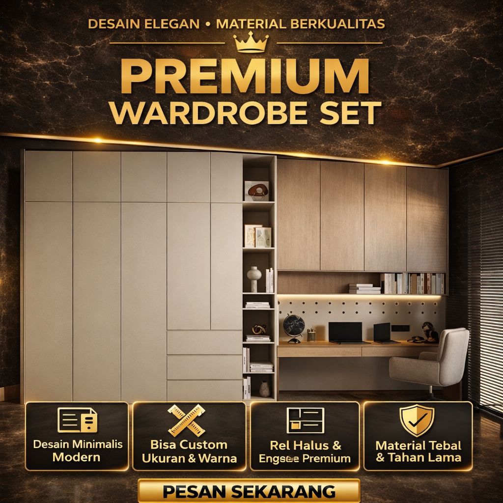 Wardrobe Set Custom Surabaya – Lemari Pakaian Minimalis + Meja Kerja Built In