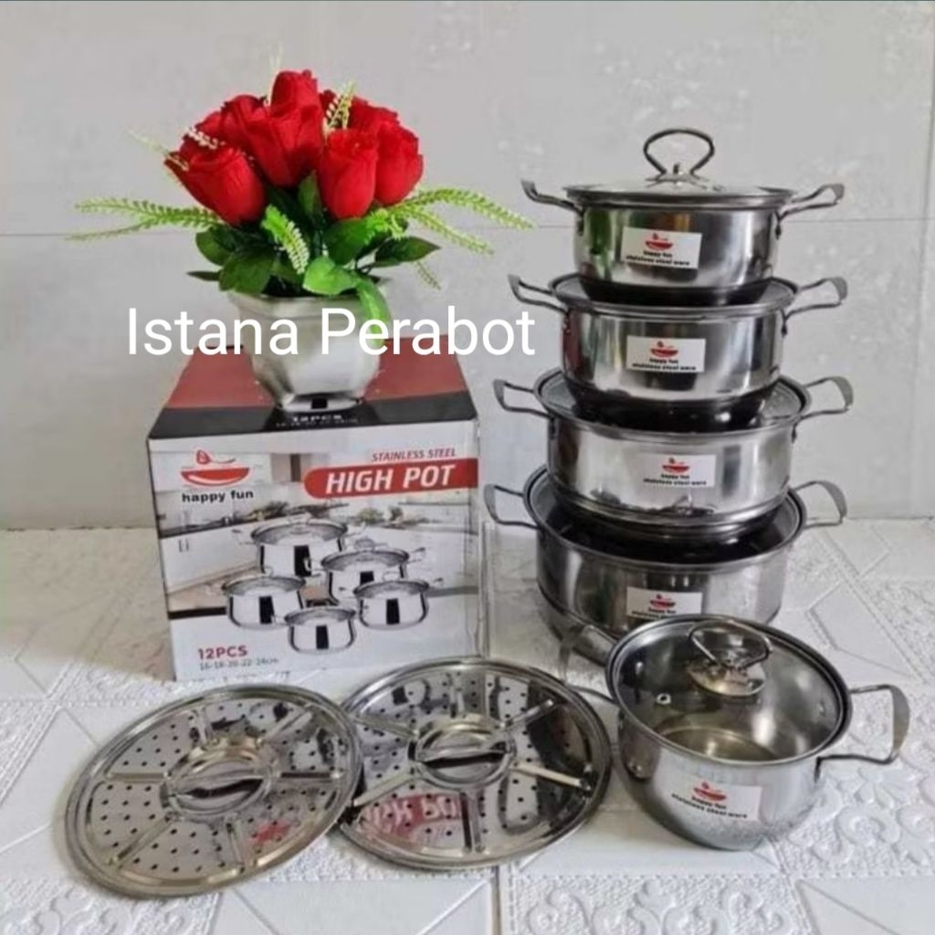 Panci Set 5 Susun + 2Steamer Tutup Kaca/Panci High Pot Stainless Happy fun
