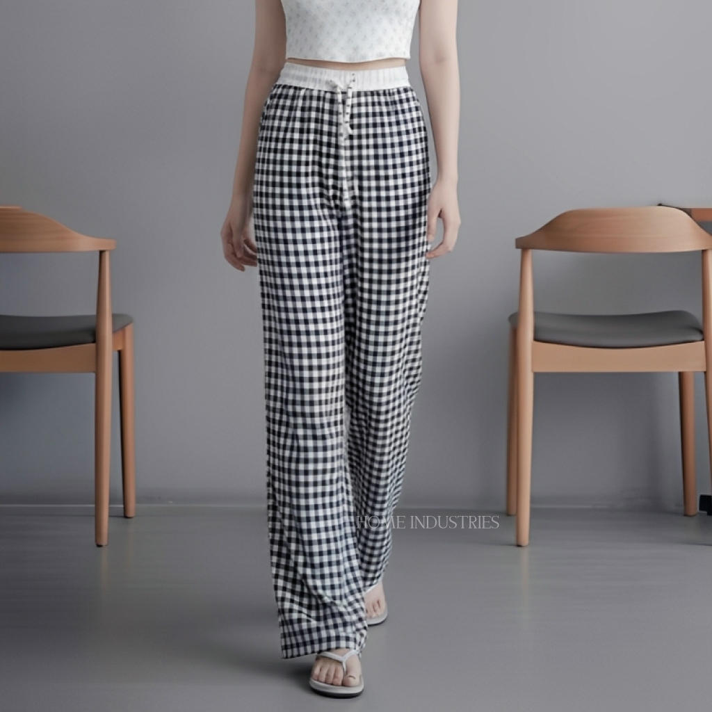 Celana Kotak-Kotak Korean Style Gingham Pants Wanita Kekinian