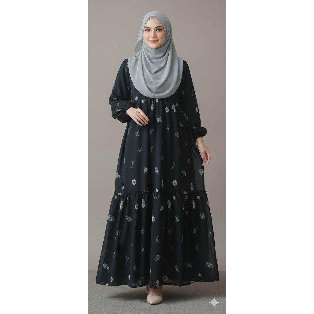 gamis ceruti motif bunga-bunga kecil