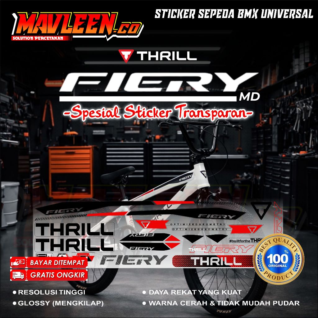 (COD) terbaru sticker transparan striping sepeda thrill fiery md BMX 18 20 glossy lentur anti air