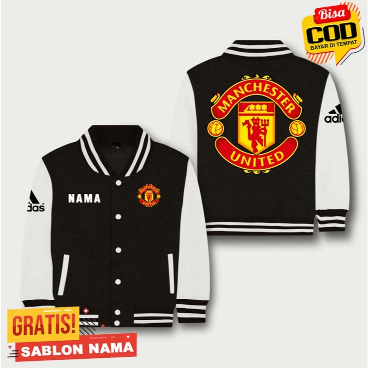 Jaket Varsity Baseball Anak Anak Manchester United / Jaket Custom Manchester United Kombinasi Hitam 