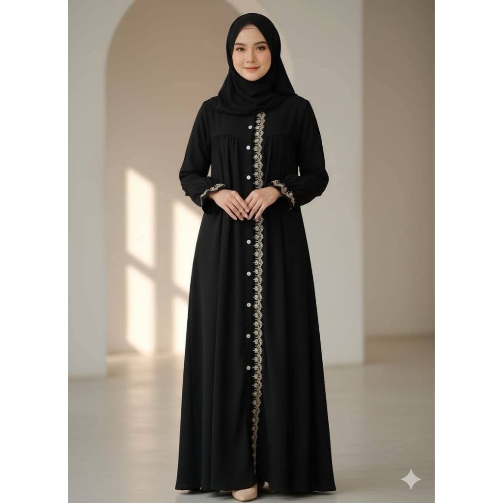 Abaya Yumna Gamis Renda Premium Kaftan Jubah Wanita Perempuan Warna Hitam Bahan Wolfis Kekinian Terb
