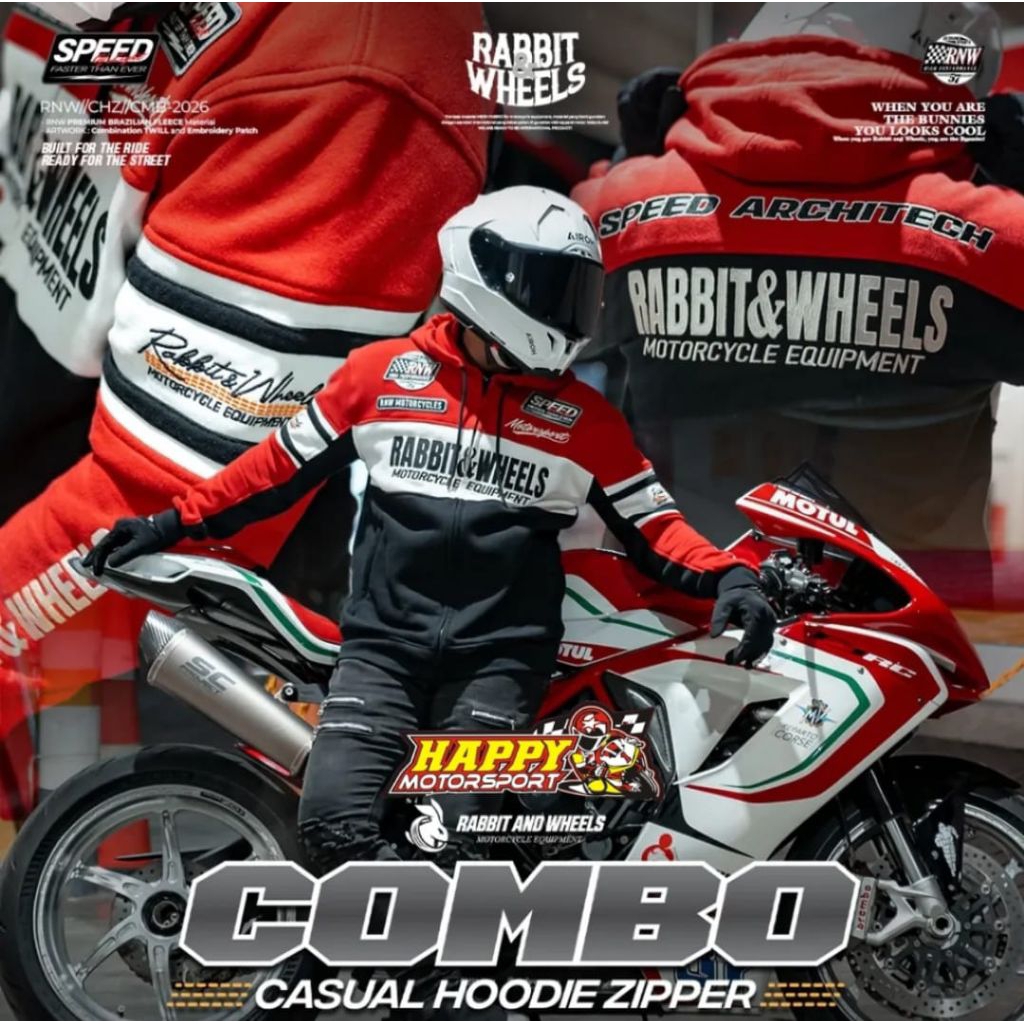 RABBIT AND WHEELS COMBO CASUAL HOODIE ZIPPER RED