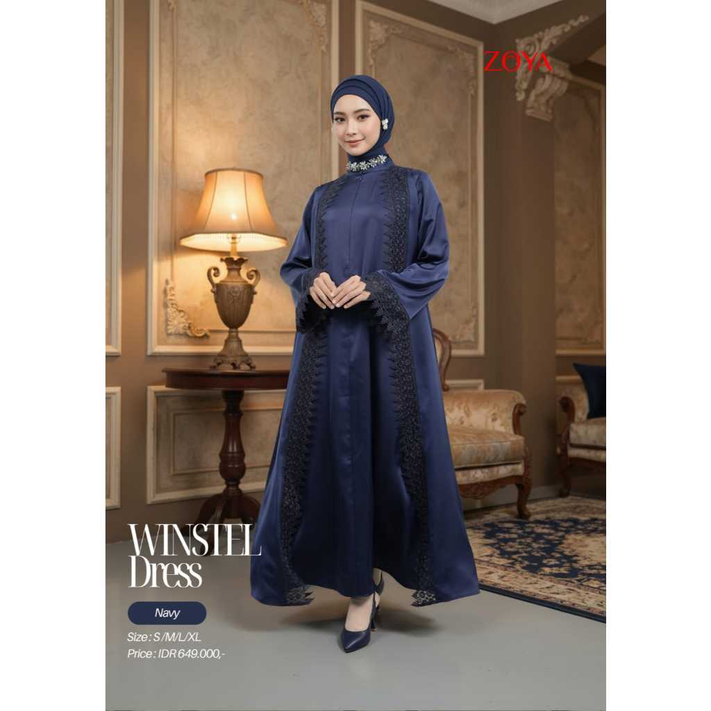Zoya Winstell Dress Navy - Gamis Muslim Wanita Busui Friendly - Bahan Premium Sateen Textured Zoya S