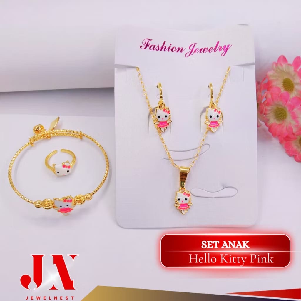 Perhiasan Anak Satu Set Hello Kitty Set Perhiasan Anak Titanium Set Kalung Cincin Anak