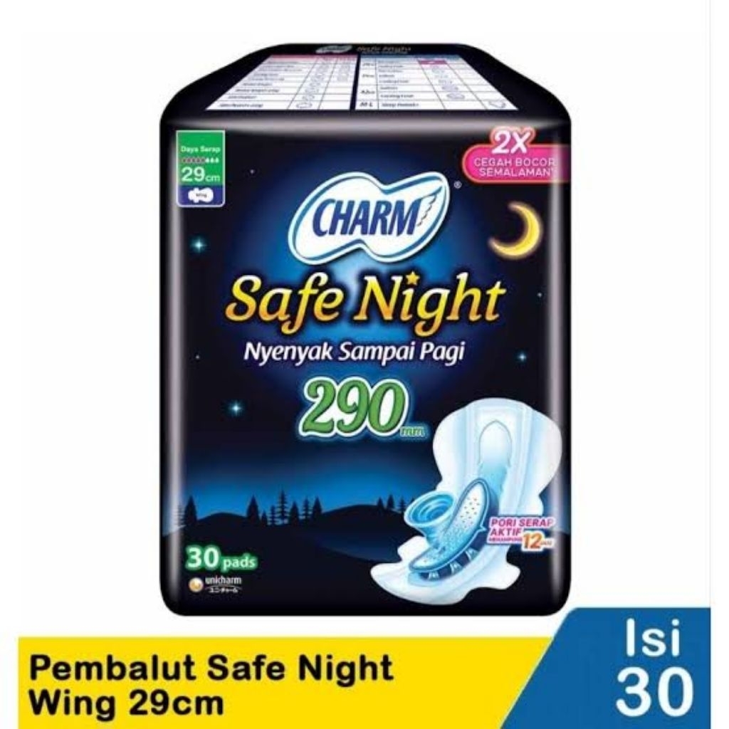 Charm Safe Night isi 30 pads - Pembalut Bersayap Uk. 29cm