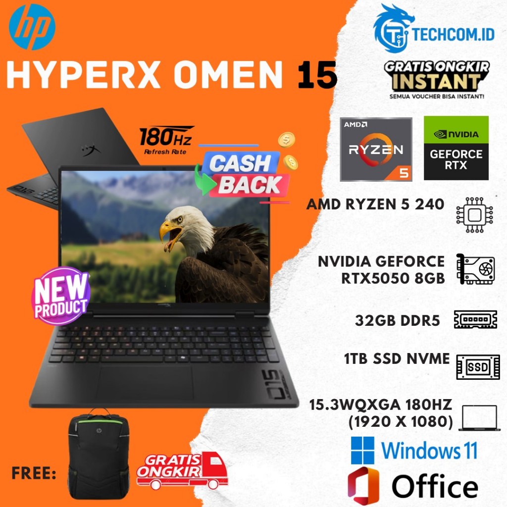 Laptop HP HyperX Omen 15 RYZEN 5 240 RTX5050 8GB | 32GB 1TB SSD W11+OHS  15.3WQXGA 180HZ GB0555AX
