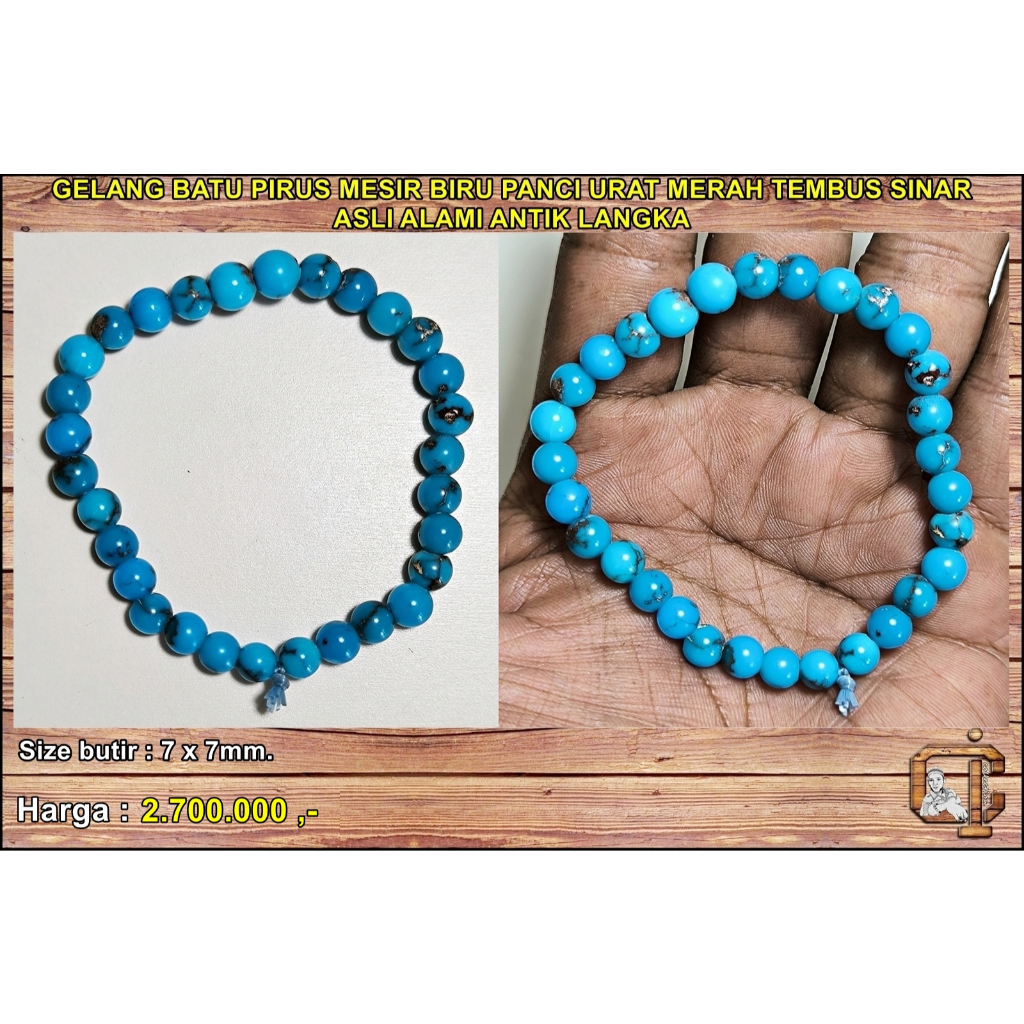 Gelang batu pirus mesir biru panci urat merah tembus sinar asli alami antik langka kualitas top.