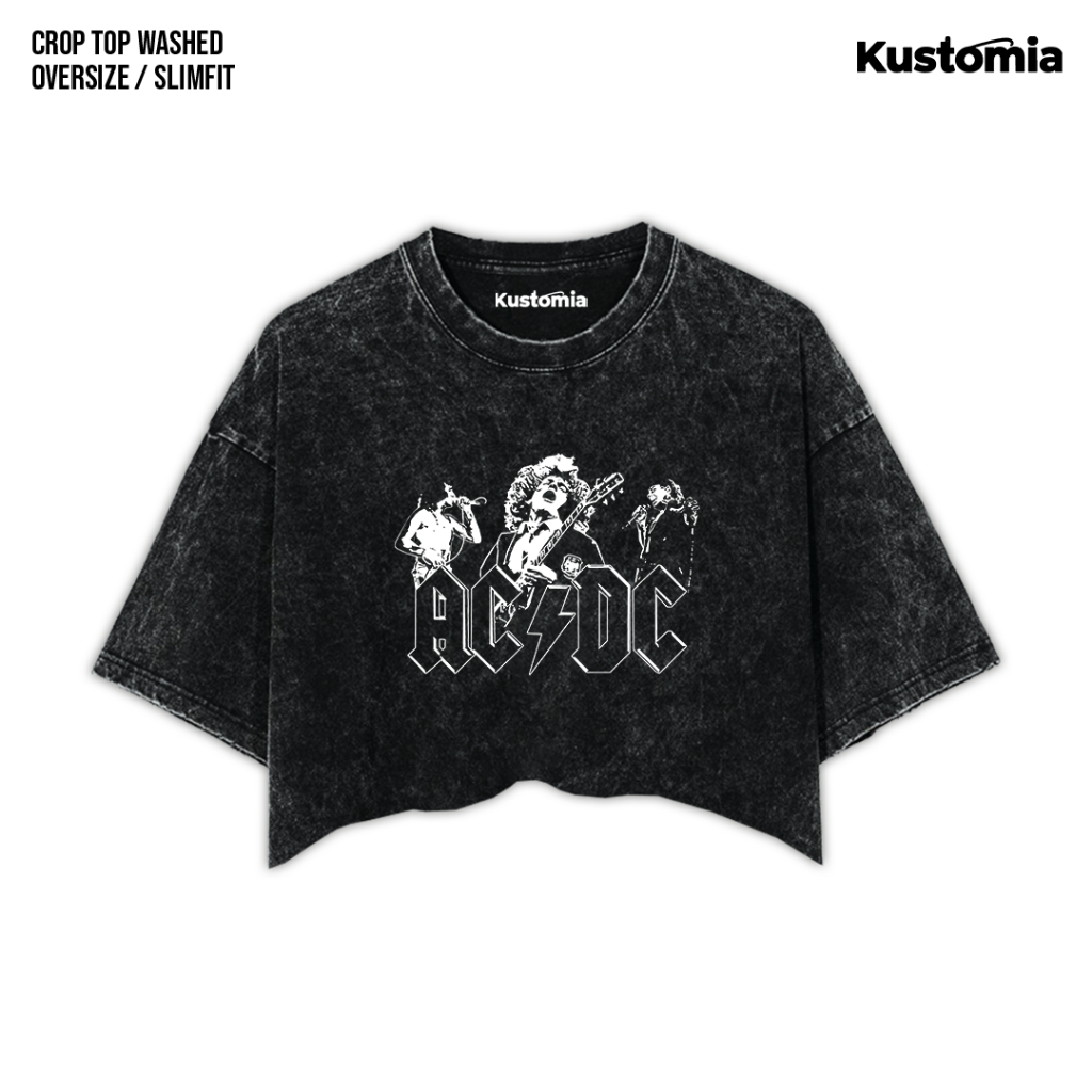 KUSTOMIA Crop Top ACDC Washed Crop Tee Black White | ACDC-7