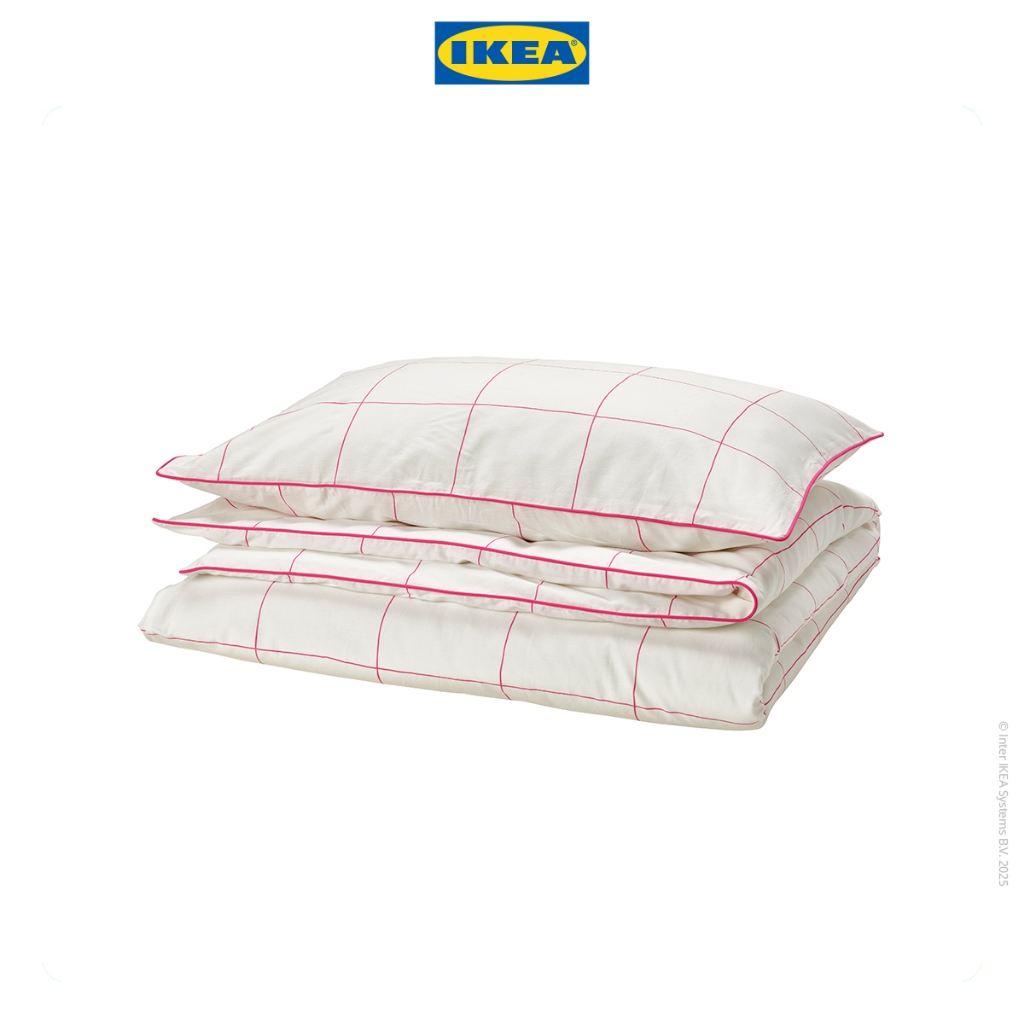 IKEA BREVECKLARE Sarung Duvet Dan Sarung Bantal 1 Set Bahan Halus Lembut Motif Kotak Putih Merah Mud