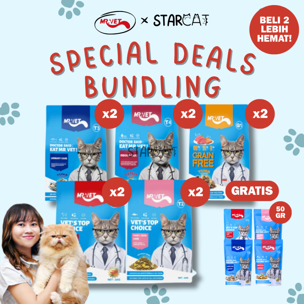 SC 2 Pcs Mr. Vet Dry Food 1kg Makanan Kucing Kering Paket Hemat Murah 2kg Protein Ayam Sapi Telur