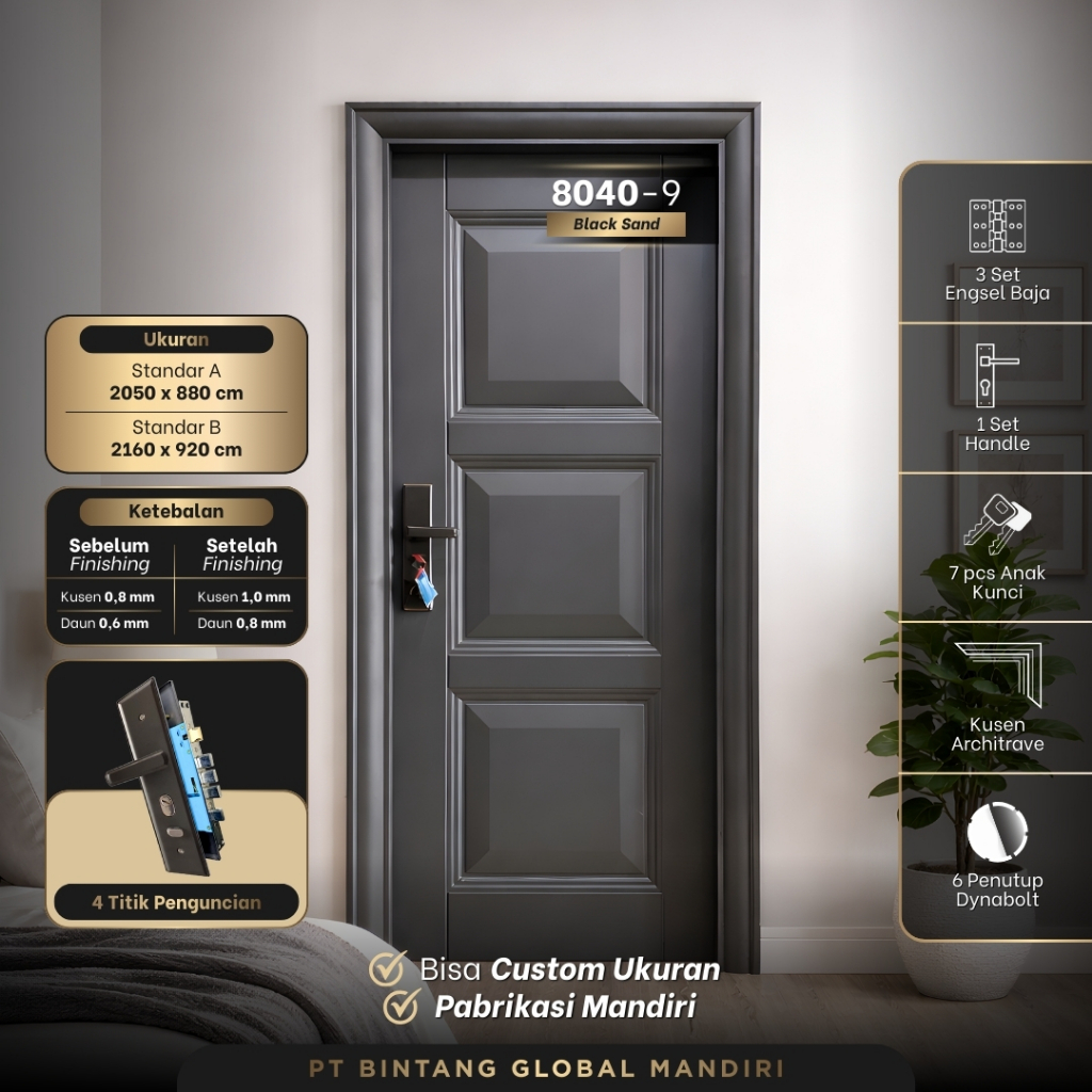 TBNS - (LUXURY SINGLE PAN) Set Pintu Plat Baja Utama Single Pintu Kamar Tidur Baja Lengkap dengan Ku