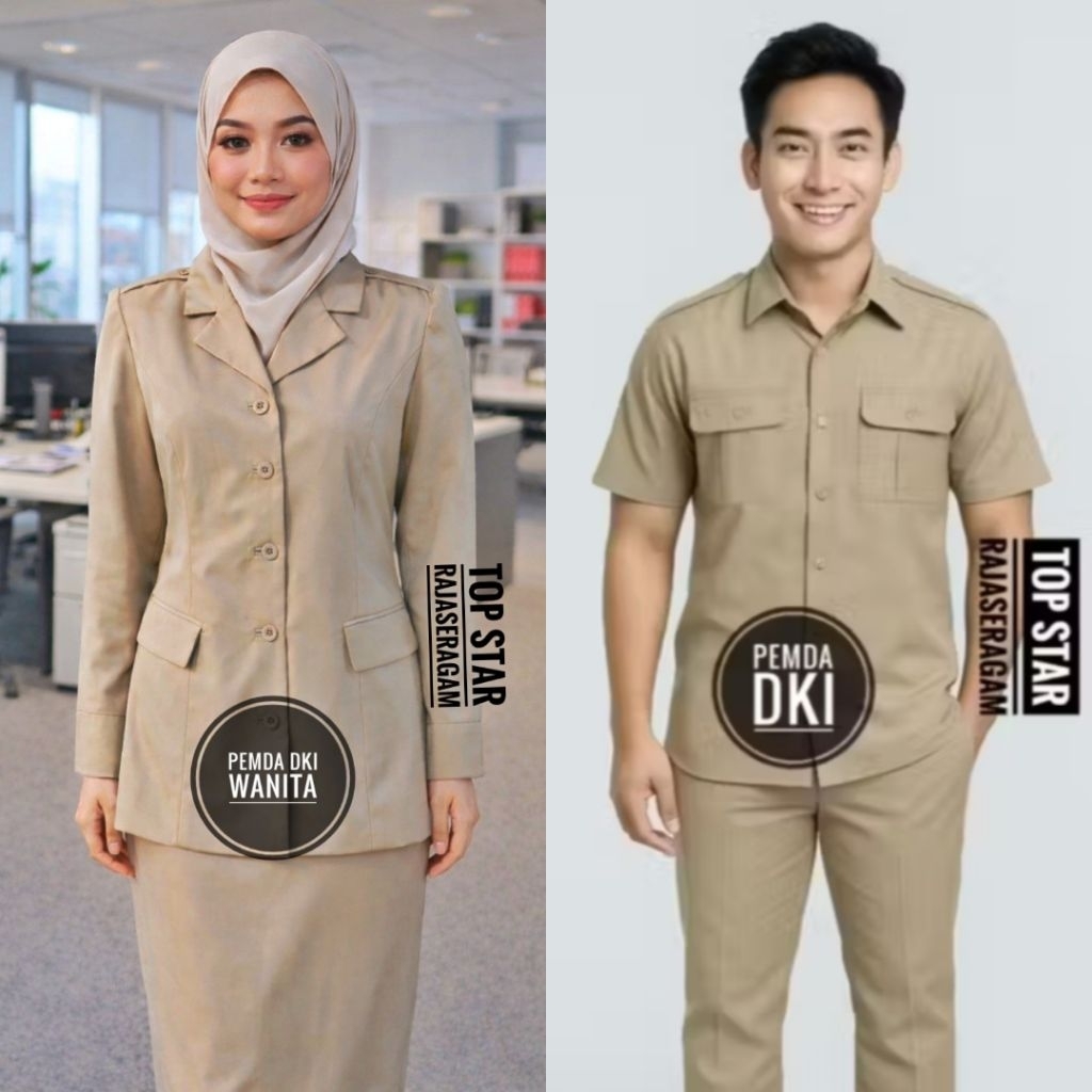 Baju Setelan Seragam PEMDA DKI Jakarta Pria Blazer Wanita Coklat Khaki Setelan Pemda PNS Blus Blazer