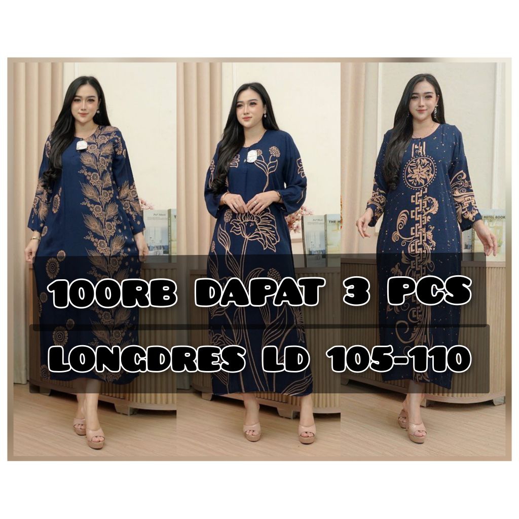 PAKET 100RB DAPAT 3PCS GAMIS LONGDRESS BAHAN RAYON PREMIUM ADEM BUSUI FRIENDLY LENGAN 7/8 || GAMIS L