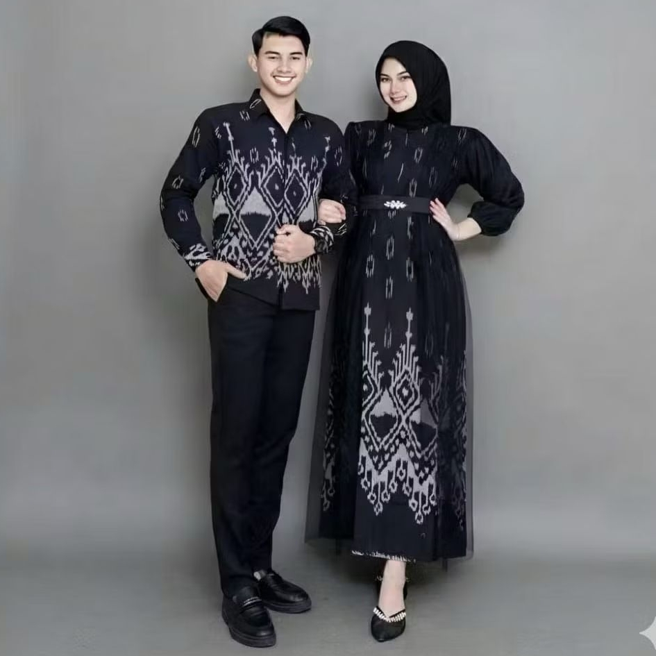 BAJU TENUN COUPLE, DRESS AZELLA HITAM,SET COUPLE BAJU KONDANGAN PREWEDDING,SET COUPLE PASANGAN