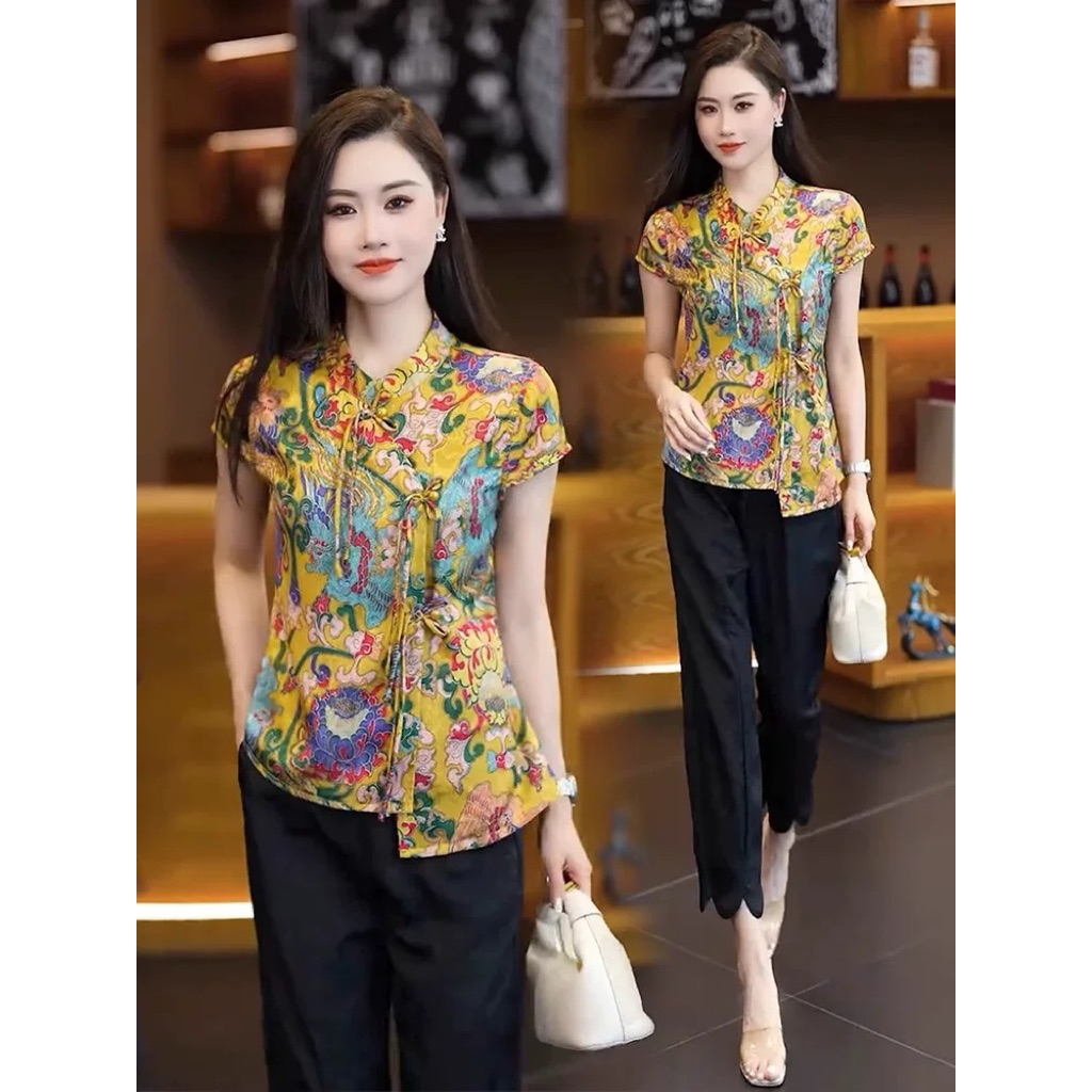 yellowish gold qipao cheongsam atasan wanita blouse