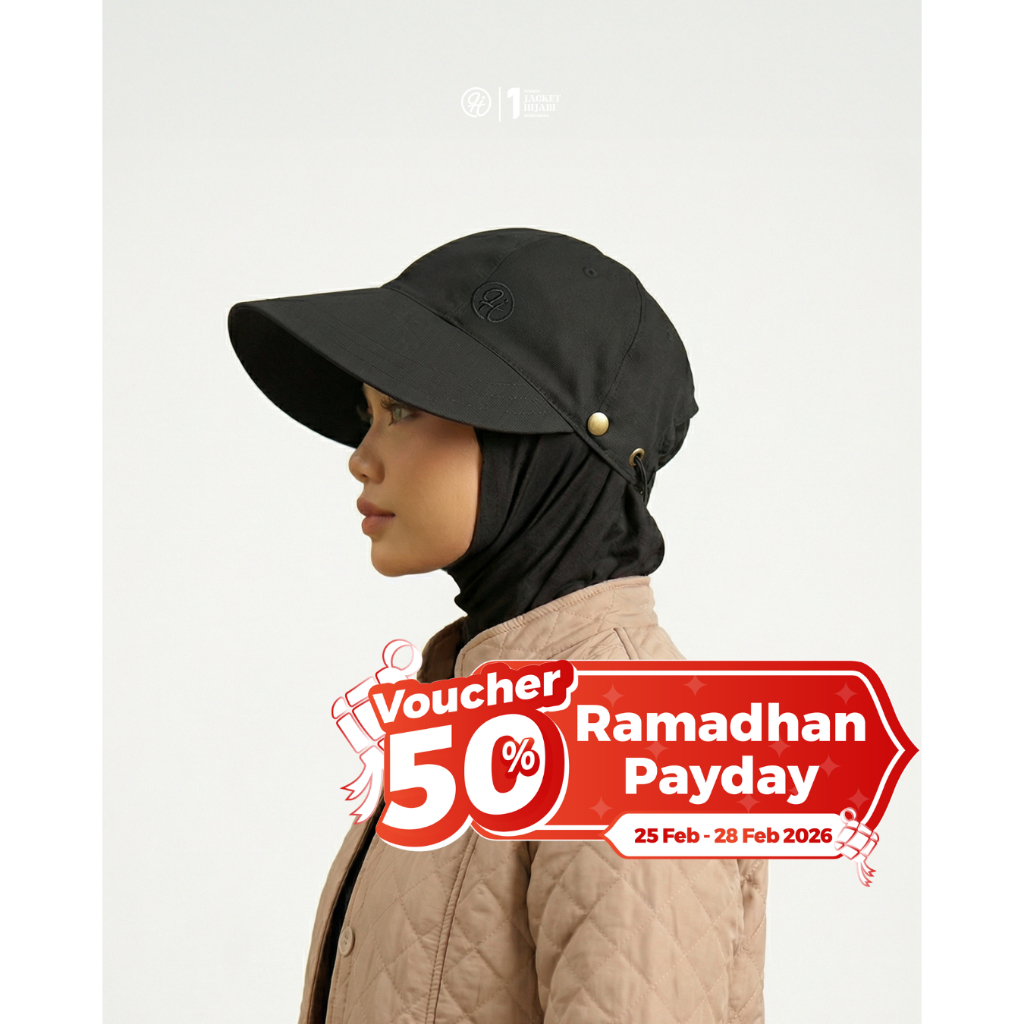 HJ Visor Hat – Topi Visor Hijab Wanita Olahraga Umroh Haji Anti UV Twill Cotton Hitam Adjustable Ade