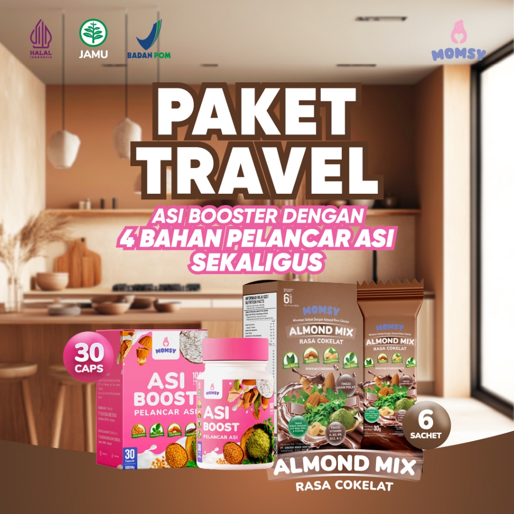 MOMSY PAKET TRAVEL, ASI Booster 30 Kapsul X ALMOND MIX COKELAT 6 Sachet Bumil Busui