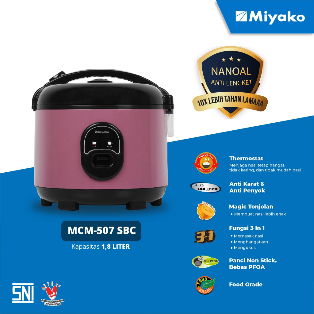 Magic Com Miyako MCM507SBC Nanoal - Rice cooker 1.8 Liter - Magic Warmer Plus 3in1