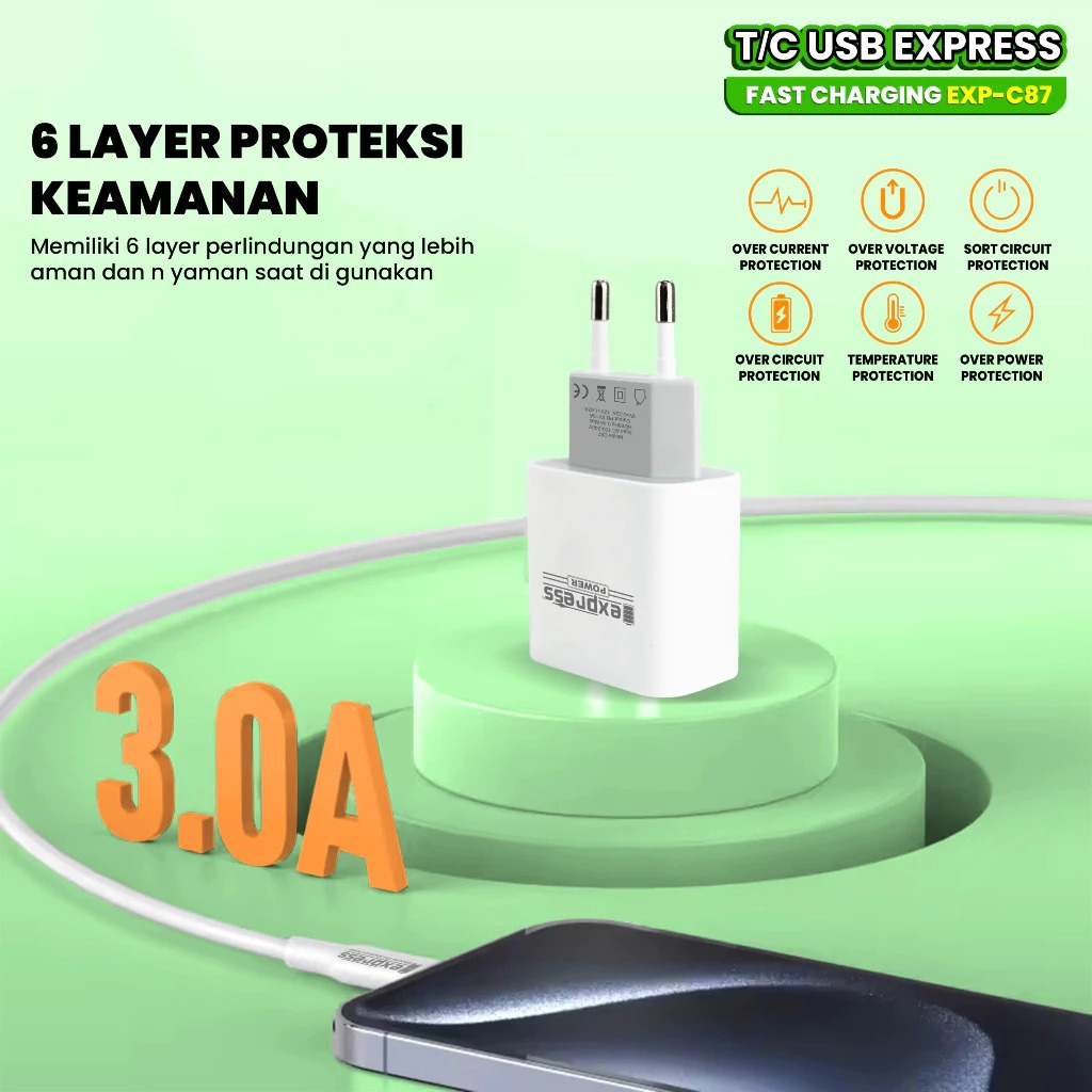 T/C USB PORTABLE EXPRESS SUPER FAST CHARGING EXP-C87 / CHARGER HANDPHONE SINGLE PORT QUICK CHARGING 