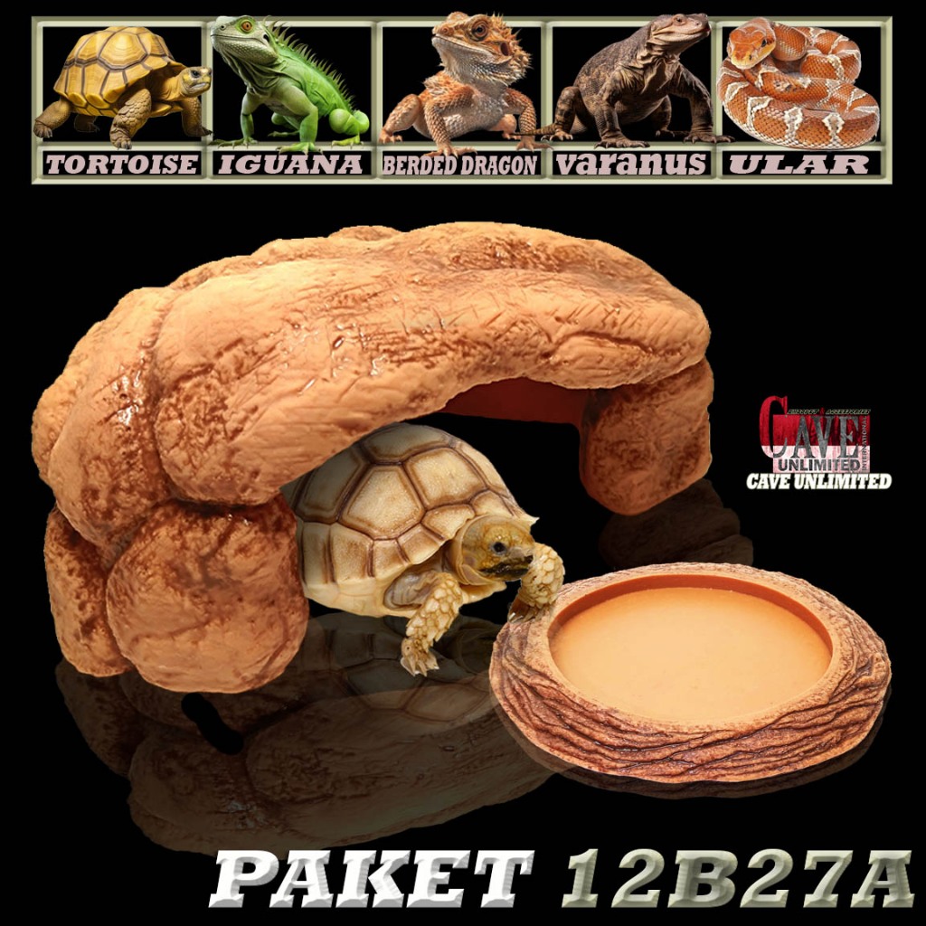 PAKET 12B27A HIDING CAVE + FEEDING DISH REPTILE SEPAKET GOA TEMPAT SEMBUNYI+TEMPAT MAKAN MINUM PERLE