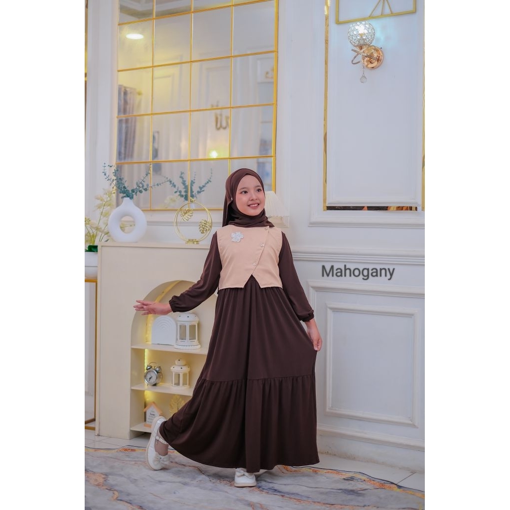 ENDEMANDA Gamis Anak Jersey Korea Import Premium. set pashmina instan dan rompi lepas. bahan adem. g