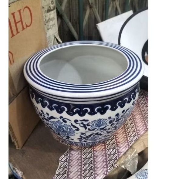 Pot com keramik bulat tanpa lobang/ pot anggrek bulat keramik import biru putih
