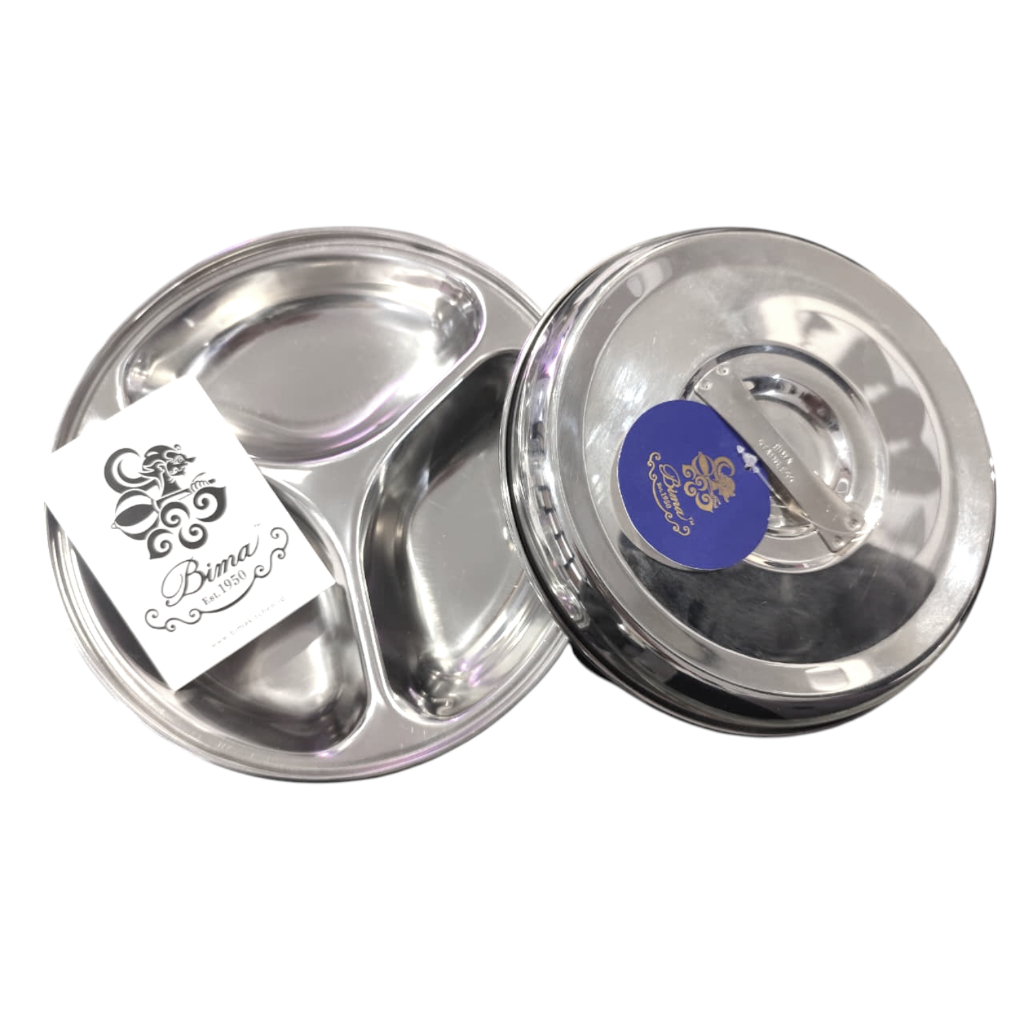 Bima Round Lunch Tray 3 with Cover - Piring Makan Bulat Sekat 3 Stainless Tutup