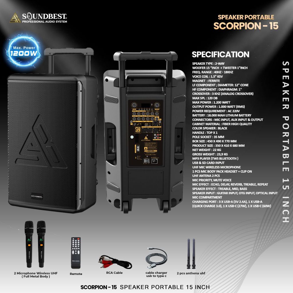 SPEAKER AKTIF PORTABLE TERBARU SOUNDBEST 15 INCH SOUNDBEST SCORPION 15 ORIGINAL