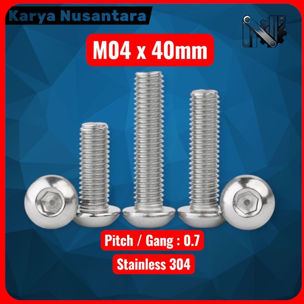 Baut L M4 x 40mm Button Stainless 304 / Baut Button M4 x 40mm Stainless