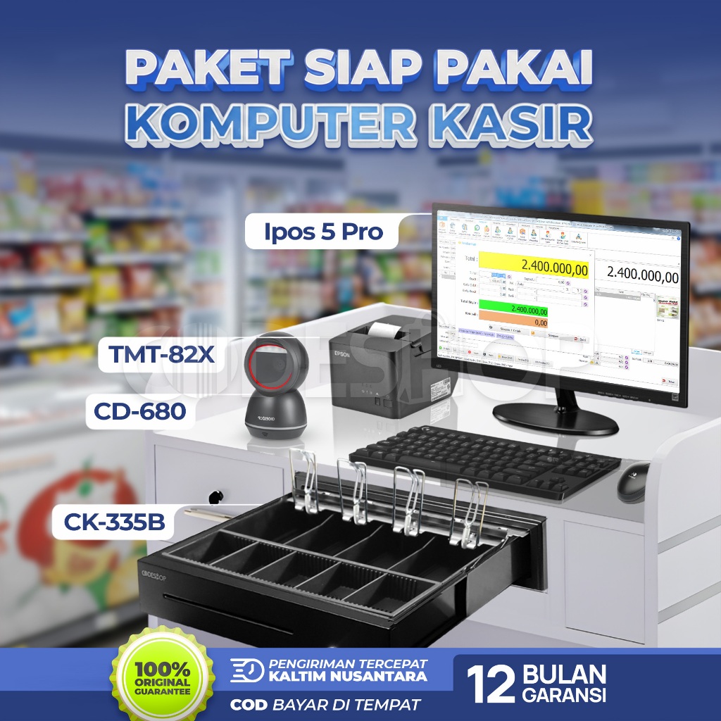 Paket Komputer Plus Program iPos Printer Thermal Epson 80mm Scanner Barcode 2D Laci Uang Cash Drawer
