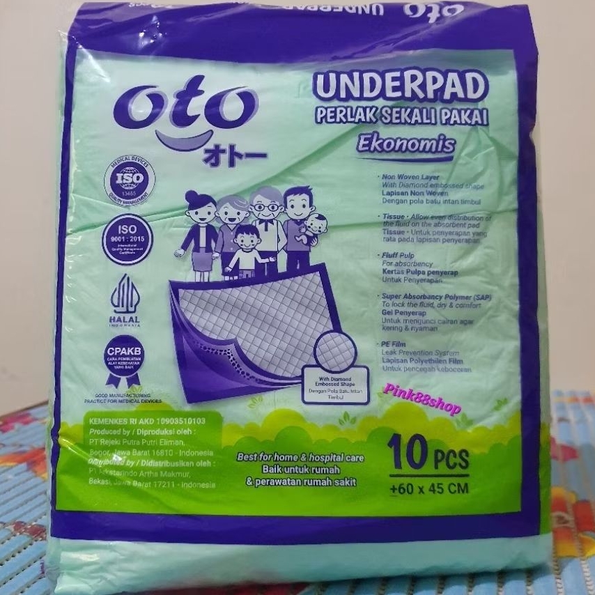 Oto Underpad Perlak Sekali Pakai - Uk. M (60x45 Cm) - 1 Pack 10 Pcs