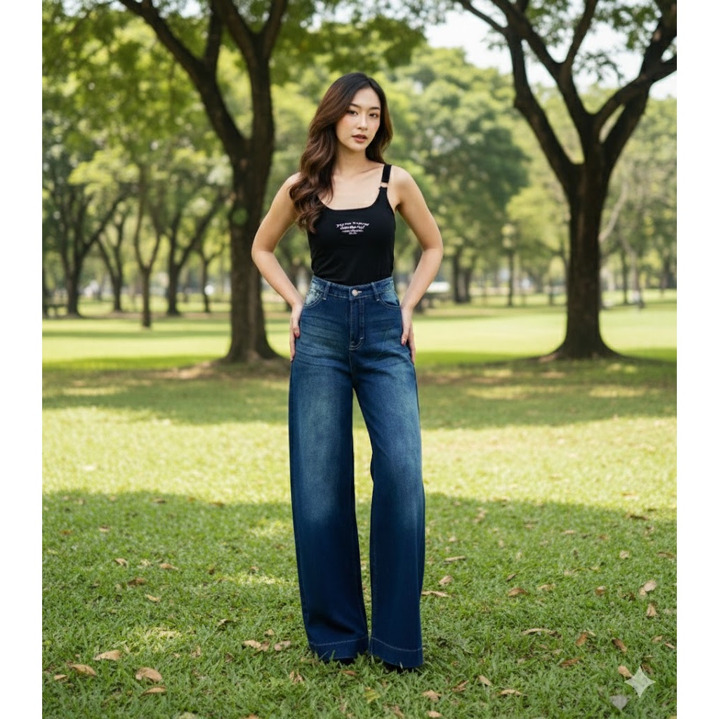 Celana Jeans Skena JSK 2101 Highwaist Wide Leg Loose Jeans Non Stretch Warna Bio Hijau Vintage Look 