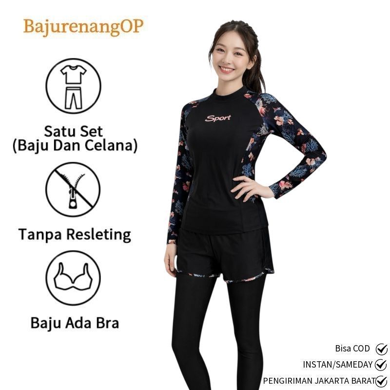 31012 Baju renang dewasa cewek remaja wanita satu set lengan celana panjang antiuv