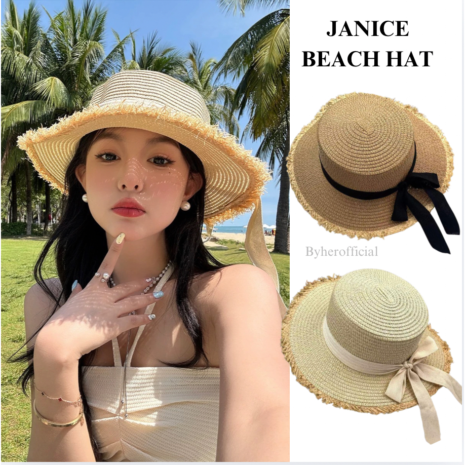 By Her Official - Topi Pantai Bahan Jerami Aksen Pita / Topi Pantai Wanita Dewasa Korea Style / Topi