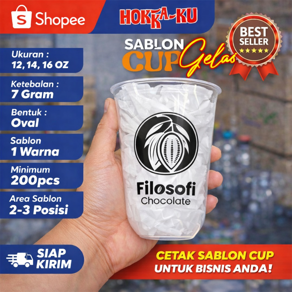 Sablon Gelas Cup Hokaku 12oz, 14oz & 16oz Oval 7Gram (Merk Cup Hokaku) - Minimum Order 200 Pcs