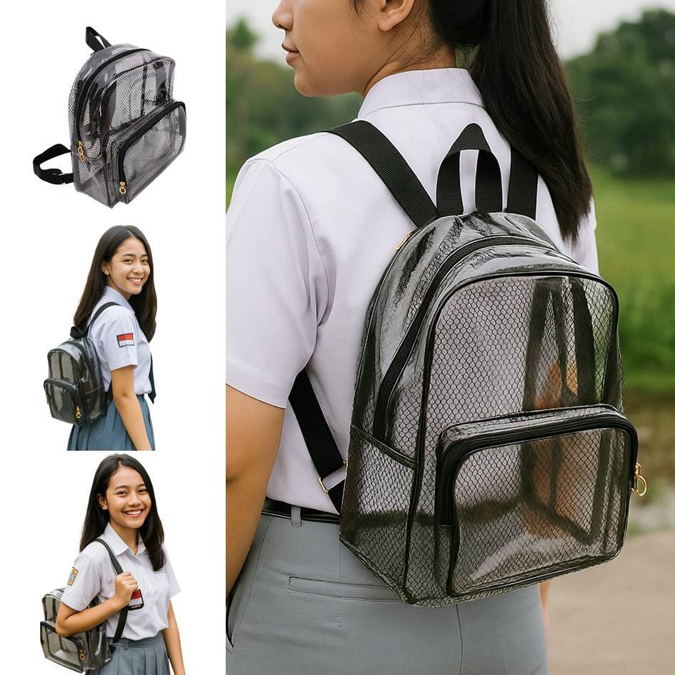 Ransel Mika Transparan | Grosir Tas Transparan Bening Kerja + Furing Jaring Jala - Tas PVC Konser